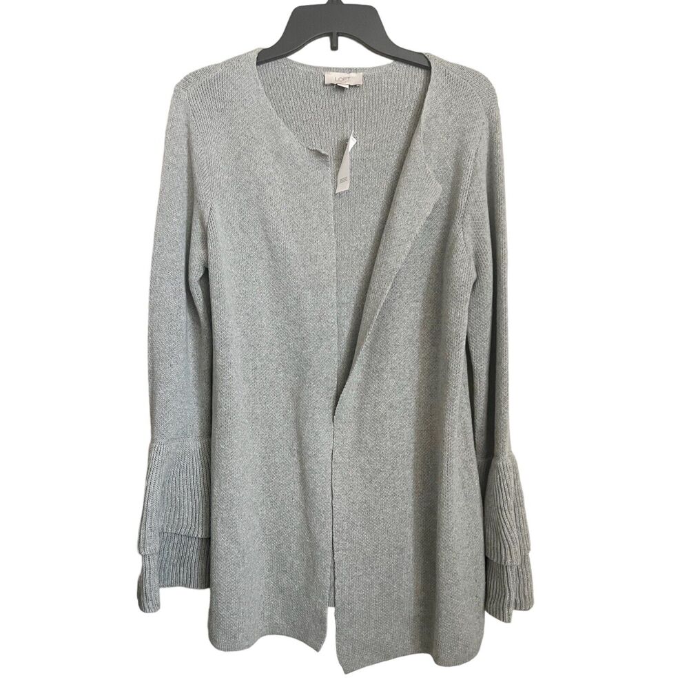 LOFT NWT Open Cardigan Long Coatigan Knit Sz S Bell Sleeve Ruffles Gray